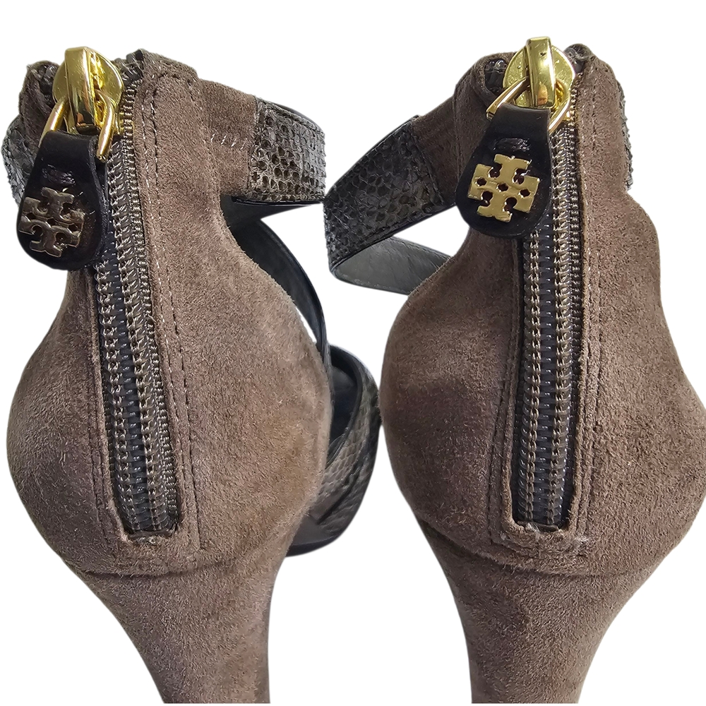 Tory Burch Gray Brown Suede Leather Animal Print Strappy Block Heels Size 9 - Picture 8 of 14